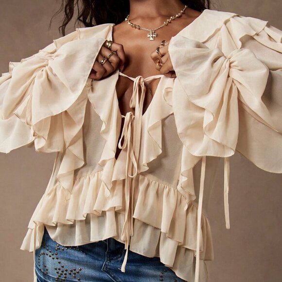 Apricot Boho Women's Ruffled Long Sleeve Tie Front Chiffon Blouse - Picture 7 of 7